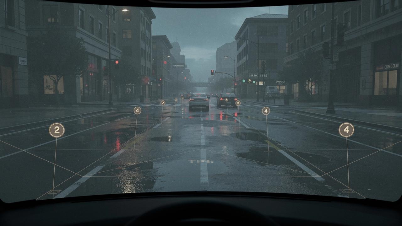 Simulator screen at Vezha Advanced Driving Institute showing a city road with numbered hazard markers drawn over the view