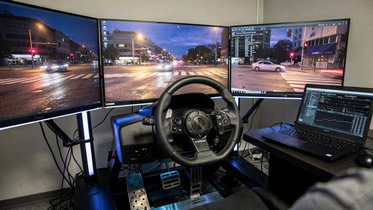 Interior of a driving simulator rig with triple screens, force-feedback wheel and instructor console